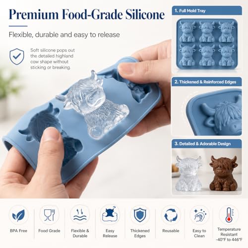 2PCS Highland Cow Ice Cube Mold - Blue Silicone 3D Tray for Drinks & Baking