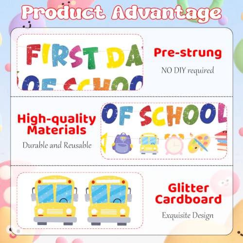 Glitter First Day of School Banner with Rope - 118 Inches, Ready to Hang