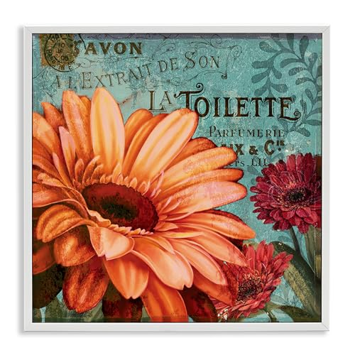 Stupell Industries Colorful Daisies with Antique French Backdrop, Design Licensing Studio White Framed Wall Art, 12 x 12, Blue