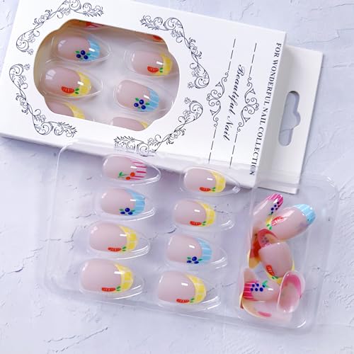 Short Almond Press on Nails with Fruit Designs French Tip Fake Nails