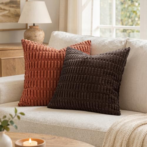 MIULEE Corduroy Throw Pillow Covers 18x18 Inch, Dark Brown Set of 2