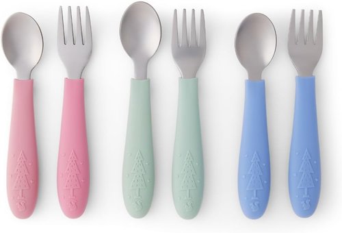 Elk and Friends Kids Silverware Set - Safe Silicone Handle Toddler Utensils | 6-Piece Stainless Steel Flatware