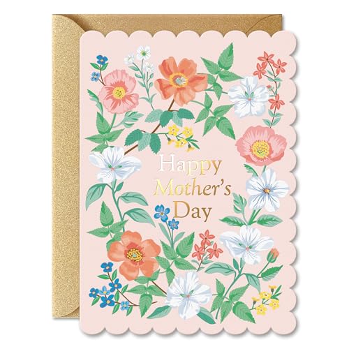 Pink Floral Mother's Day Card with Gold Foil & Scalloped Edges