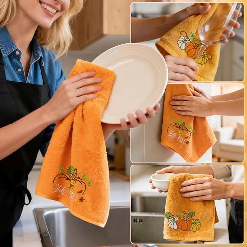 Hexagram Embroidered Fall Hand Towels - Pumpkin Autumn Decor, 14" x 30"