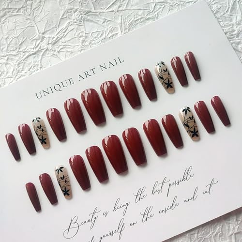 Burgundy Floral Press on Nails Long Square False Nails Kit with Black Leaf