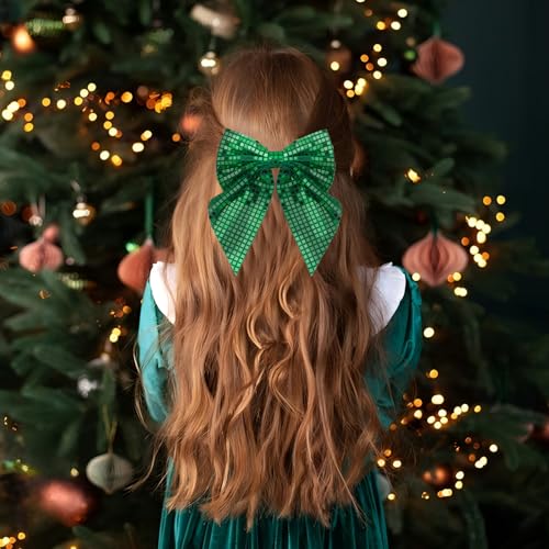 Christmas Glitter Disco Hair Bow Green 7 Inch Large Holiday Hair Bow