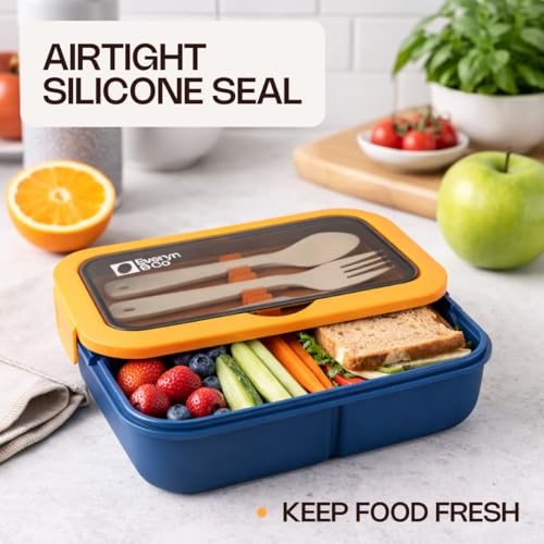 Everyn & Co. Leak-Proof Bento Lunch Box with Utensils - Navy Blue & Yellow
