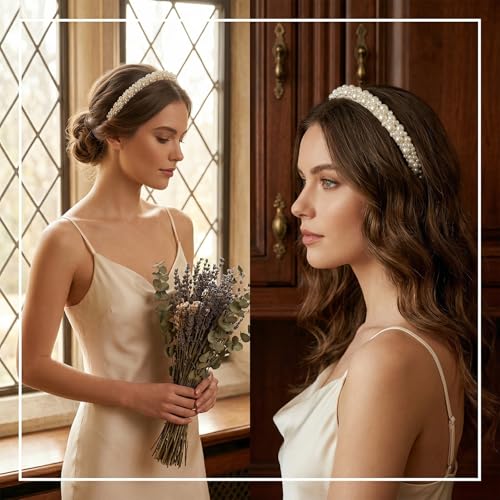 Pearl Headband for Women White Faux Pearls Non-Slip Hair Hoop