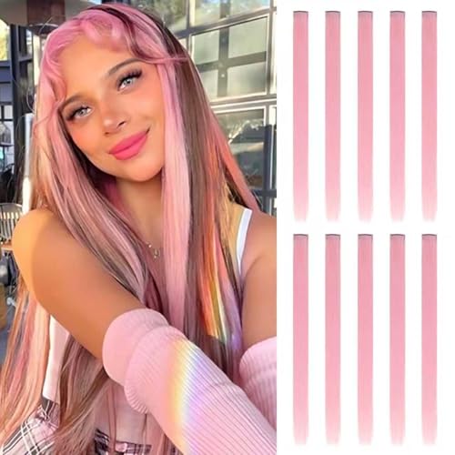 AIYCUN 20 Inch Light Pink Clip In Hair Extensions 10pcs Straight Synthetic Highlights