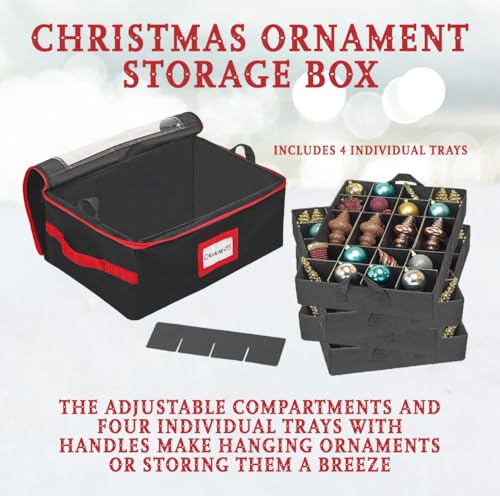 HOLDN’ STORAGE Christmas Ornament Storage Box with Dividers - Fits 96 Ornaments, Black, 4 Removable Trays