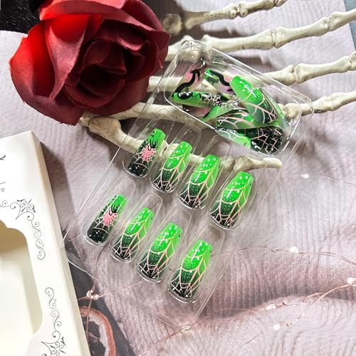 Halloween Press on Nails Medium Ballet Spider Web Glossy Green 24Pcs
