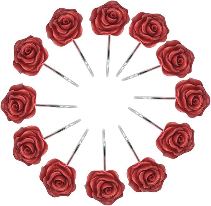 Red Rose Shower Curtain Hooks 12 pcs - Decorative Rust-Resistant Bathroom Rings