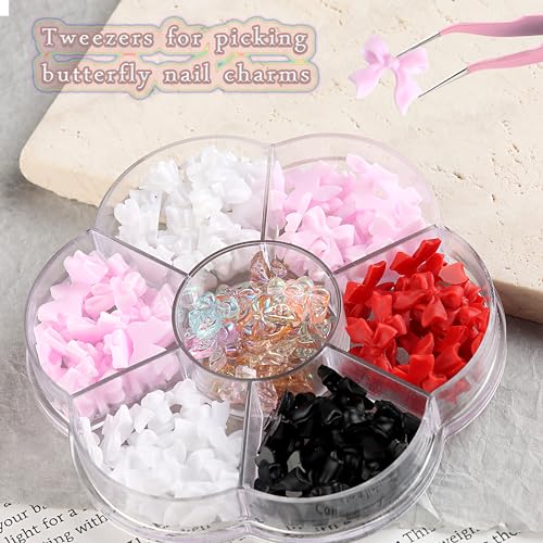 3D Resin Bow Nail Charms Set with Tweezer - Colorful Bowknot Nail Art Decor