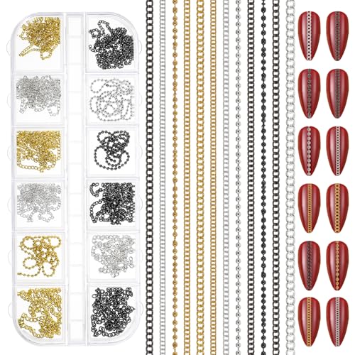 Metal Nail Chains for Nail Art - 12 Strips Gold, Silver & Black 3D Charms