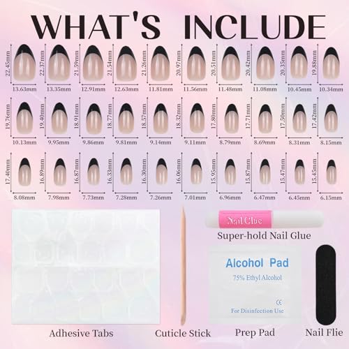 Black French Tip Press On Nails - Short Almond Fake Nails Kit