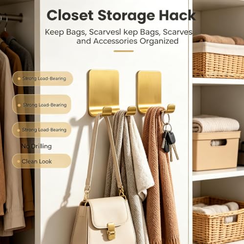 Liedrg Gold Adhesive Hooks - 4-Pack Stainless Steel Wall Hangers for Bathroom