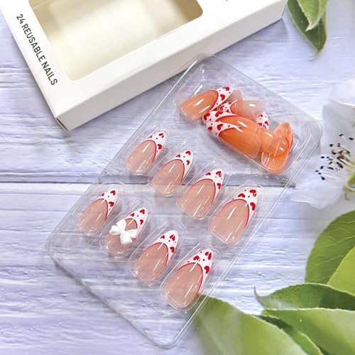 Valentine Press on Nails Short Almond White French Tip Heart Bow 24Pcs