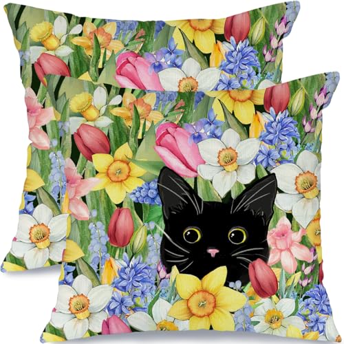 Spring Cat Floral Throw Pillow Covers, 18x18 Inch, Set of 2 Farmhouse Decor