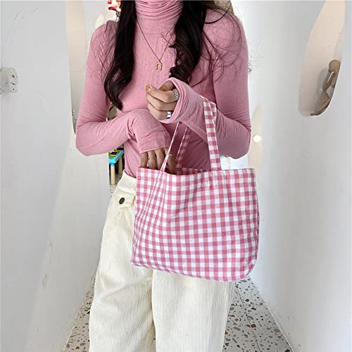 Joyhey Pink Plaid Canvas Tote Bag - Small 7.9" x 12.6" Grocery Beach Bag