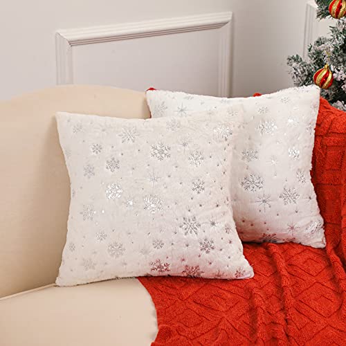 Christmas Pillow Covers Set of 2 - 18x18 Faux Fur Snowflakes