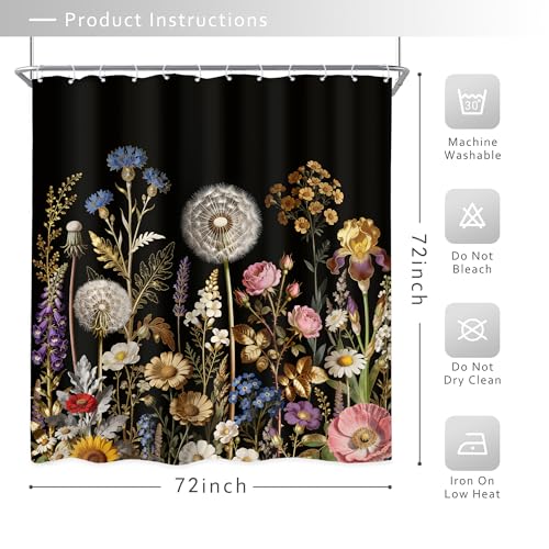 Riyidecor Black and Gold Floral Shower Curtain, 72" x 72" Boho Bathroom Set