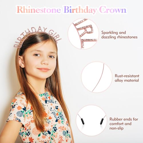 Lorzot Rose Gold Birthday Girl Sash and Rhinestone Tiara Crown Set