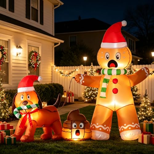 Gingerbread Man Inflatable Yard Decor - Walking Dog with Poop, Christmas LED Outdoor Xmas Holiday