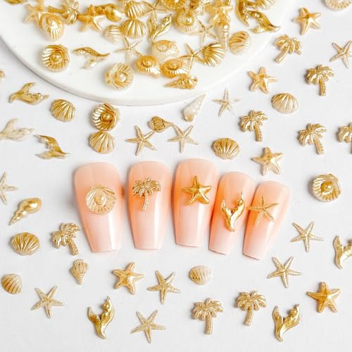 Tephrent 200pcs Starfish & Shell Nail Charms - Gold Resin Ocean Rhinestones