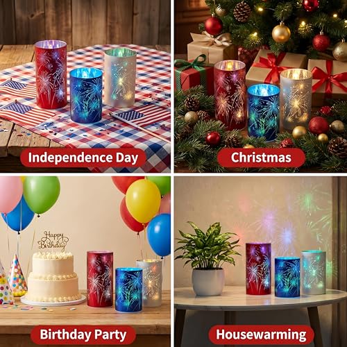 Patriotic Firework Lanterns Set of 3 with RGB LED Lights - Red, White & Blue