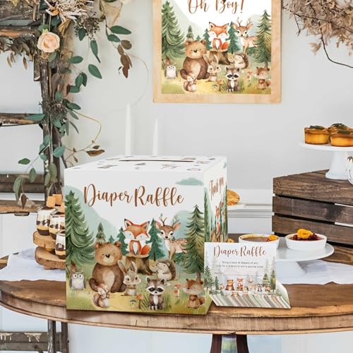 Woodland Baby Shower Diaper Raffle Box Set with 50 Raffle Tickets