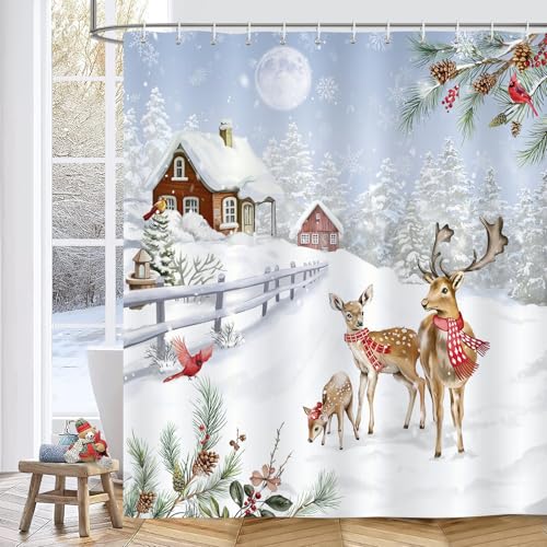 Christmas Deer Shower Curtain - Winter Snow Landscape, 72x72 Inch