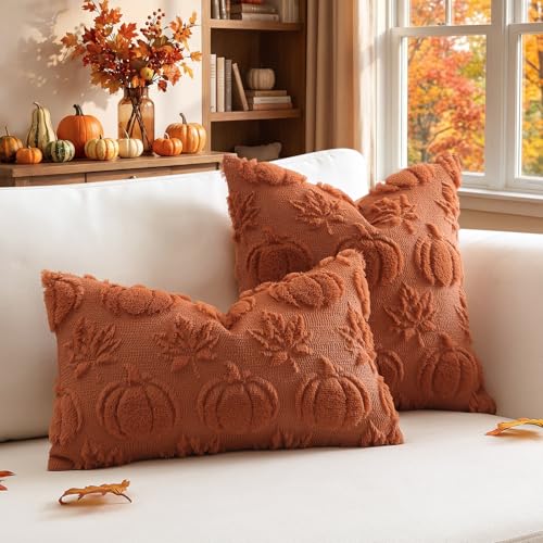 OTOSTAR Rust Pumpkin Maple Leaves Pillow Cover 14x14 Inch