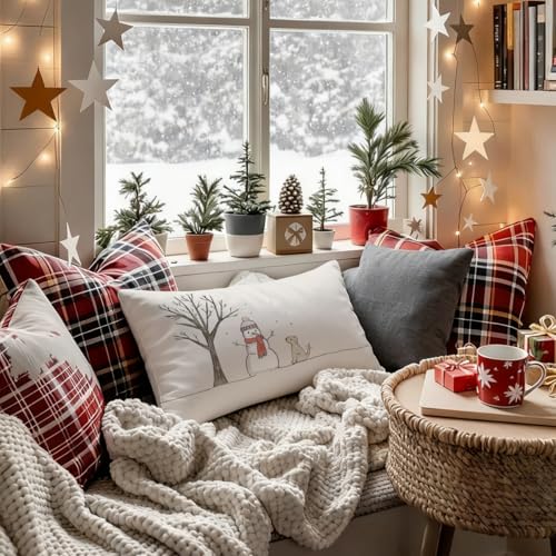 Winter Snowman Throw Pillow Covers 12x20 - Cozy Christmas Decor