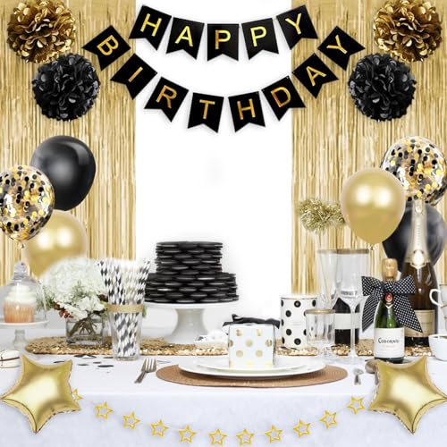 Black and Gold Birthday Decorations Kit with Balloons, Banner, and Backdrop