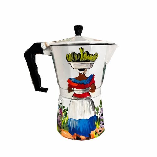 Handcrafted Dominican Aluminum Coffee Pot – 6-Cup Greca with Beach, Countryside, Cayenas, and Iconic Dominican Designs (Country woman)