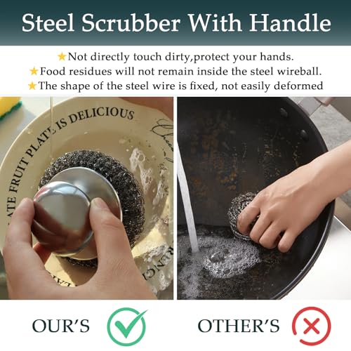Stainless Steel Wool Scrubber Set with Handle - Heavy Duty Cleaning Pads & Brushes for Kitchen