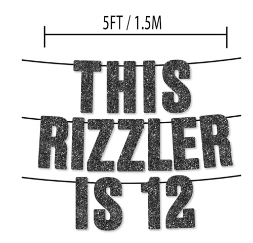 Pre-Strung Black Glitter Birthday Banner for 12th Party