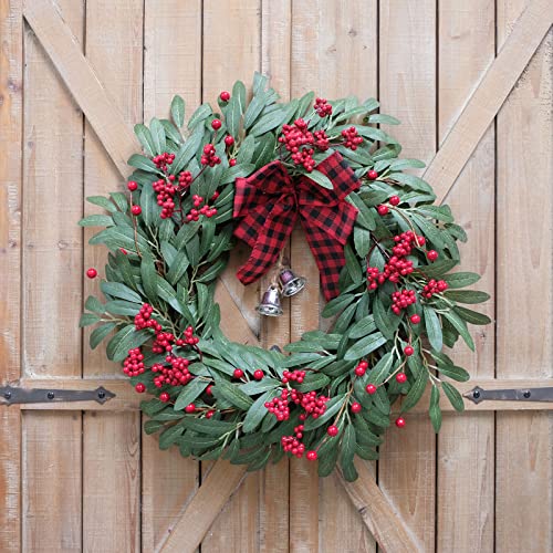 Christmas Olive Wreath for Front Door with Red Berries and Jingle Bell Decor - 20 Inch Farmhouse Holiday Decoration