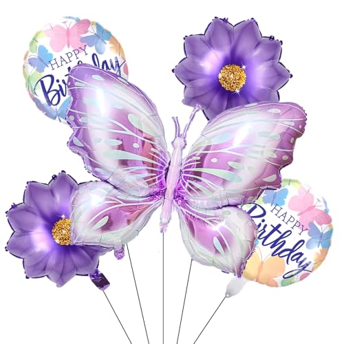 Butterfly Balloon Set - 1 Foil Butterfly, 2 Birthday, 2 Sunflower Balloons