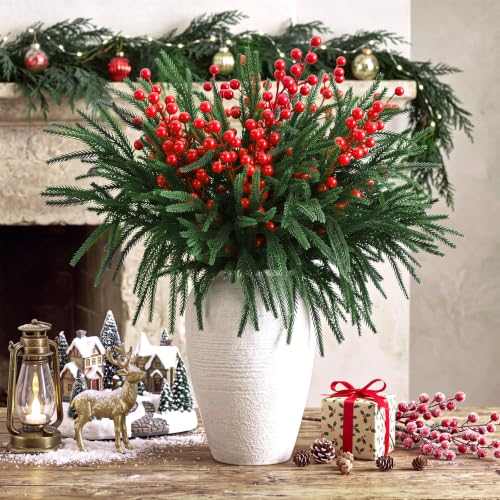 24 Large Artificial Christmas Pine Branches with Red Berry Stems for Outdoor Decor