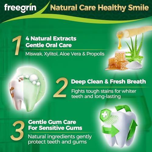 FREEGRIN Organic Miswak Herbal Toothpaste - Fluoride Free with Aloe Vera & Propolis 3.52 oz