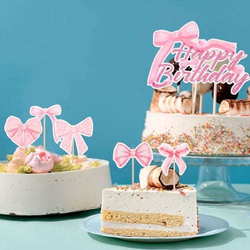 Pink Bow Happy Birthday Cake Topper Set - 25 Pcs Decorations