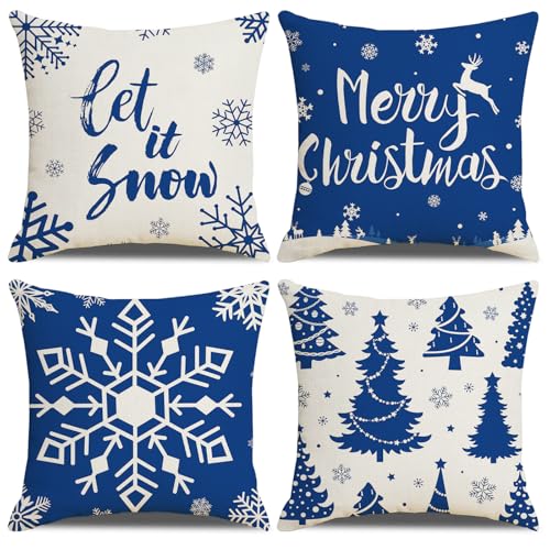 Set of 4 Christmas Snowflake Throw Pillow Covers, 18x18 Inch