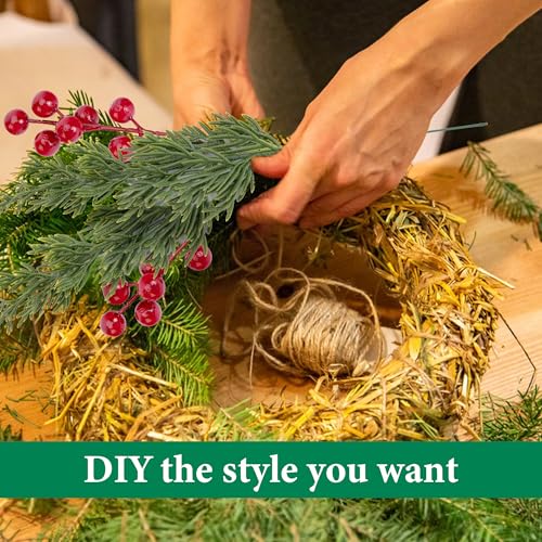 60 Pcs Artificial Christmas Pine Branches with Red Berries - Faux Holiday Decor