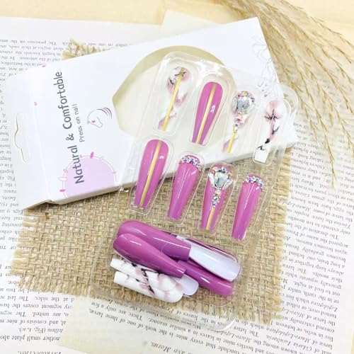 Pink Press on Nails with Rhinestones Long Coffin Fake Nails