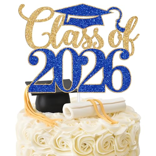 Class of 2026 Graduation Cake Topper - Gold & Blue Glitter
