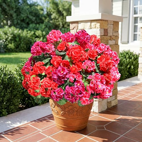 Artificial Geraniums - 6 Bundles UV Resistant Faux Flowers for Outdoor Decor