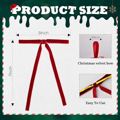 Christmas Velvet Ribbon Bows 5x7 Inch Set of 12 Red Holiday Decorations