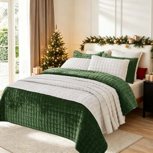 Oversize King Velvet Quilt Set 120x128 Inches - Green Bedspread with Matching Shams
