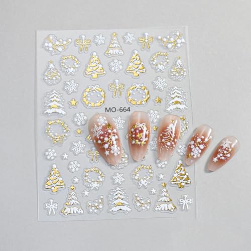TailaiMei Embossed Christmas Nail Decals Gold Xmas Tree Stickers 3 Sheets